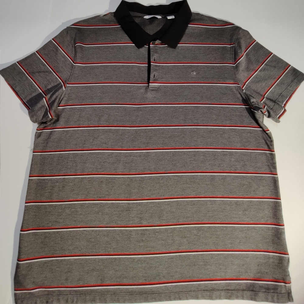 Calvin Klein Men's XXL Grey Striped Polo Shirt 100% Cotton